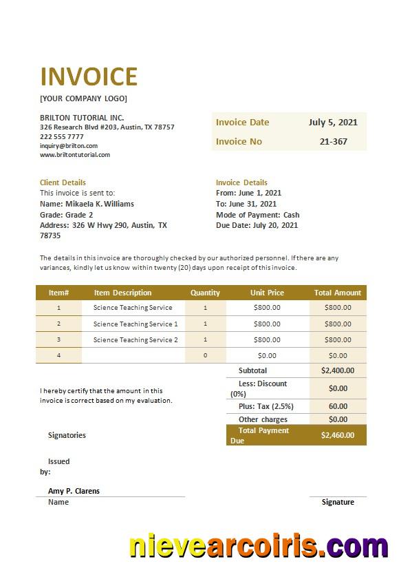 Professional Free Teaching Invoice Template