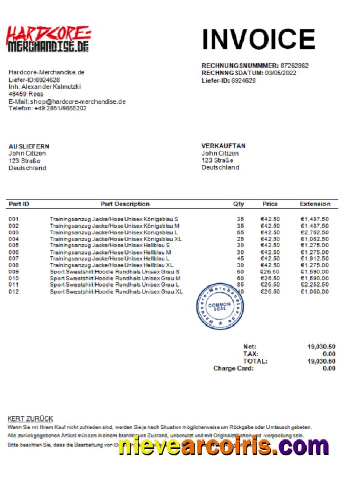 Germany Hardcore Merchandise Invoice J. C. Doc Template
