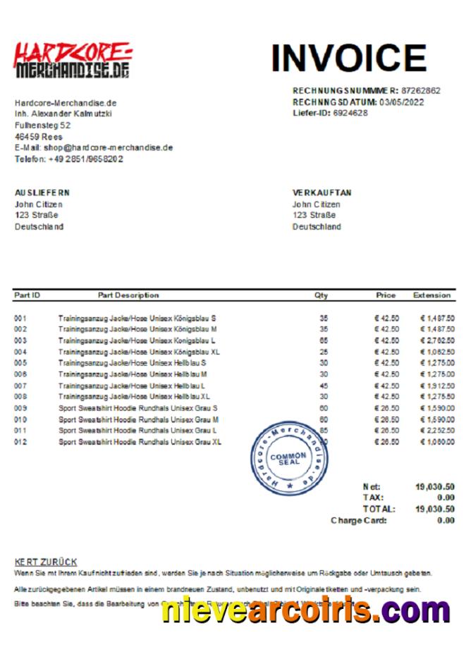 Germany Hardcore Merchandise Invoice J. C. Xls Preview