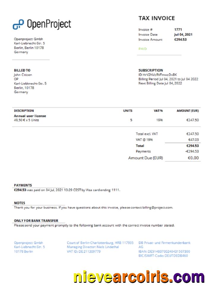 Germany OpenProject Leading Open Source Project Management Software Invoice Preview