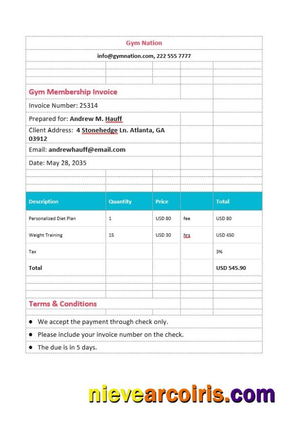 Editable Gym Membership Invoice Template