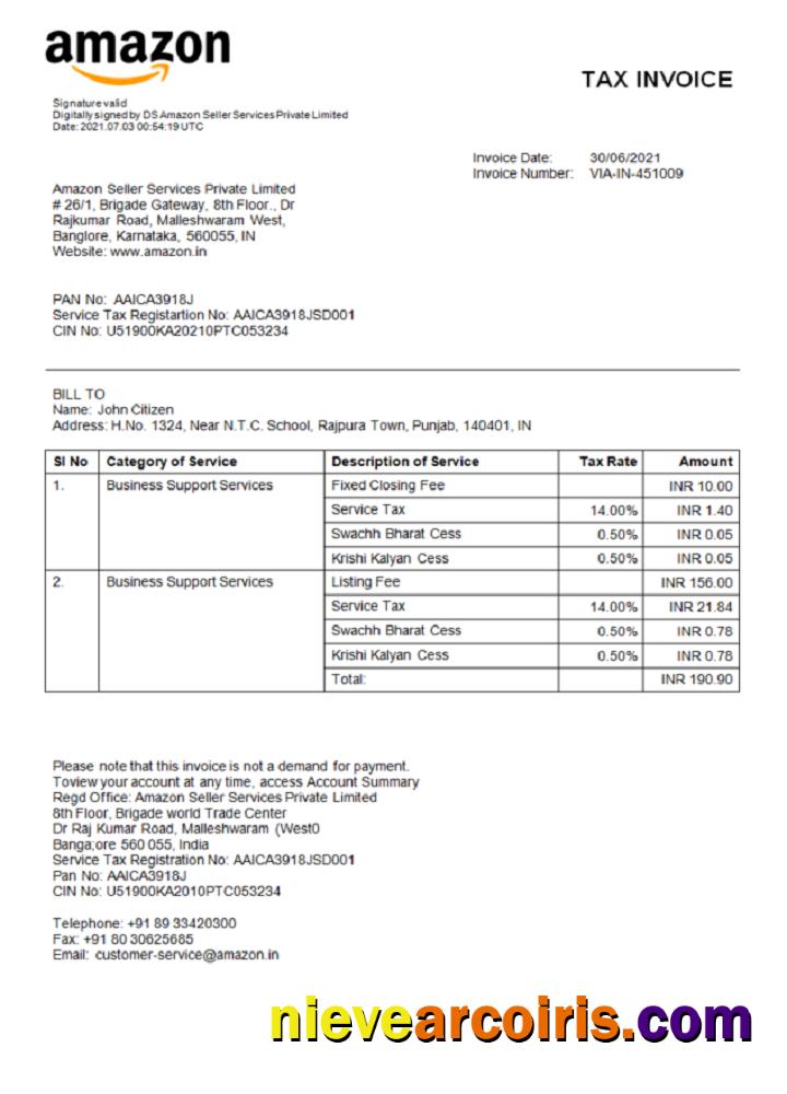 India Amazon American Multinational Technology Company Invoice Photolook