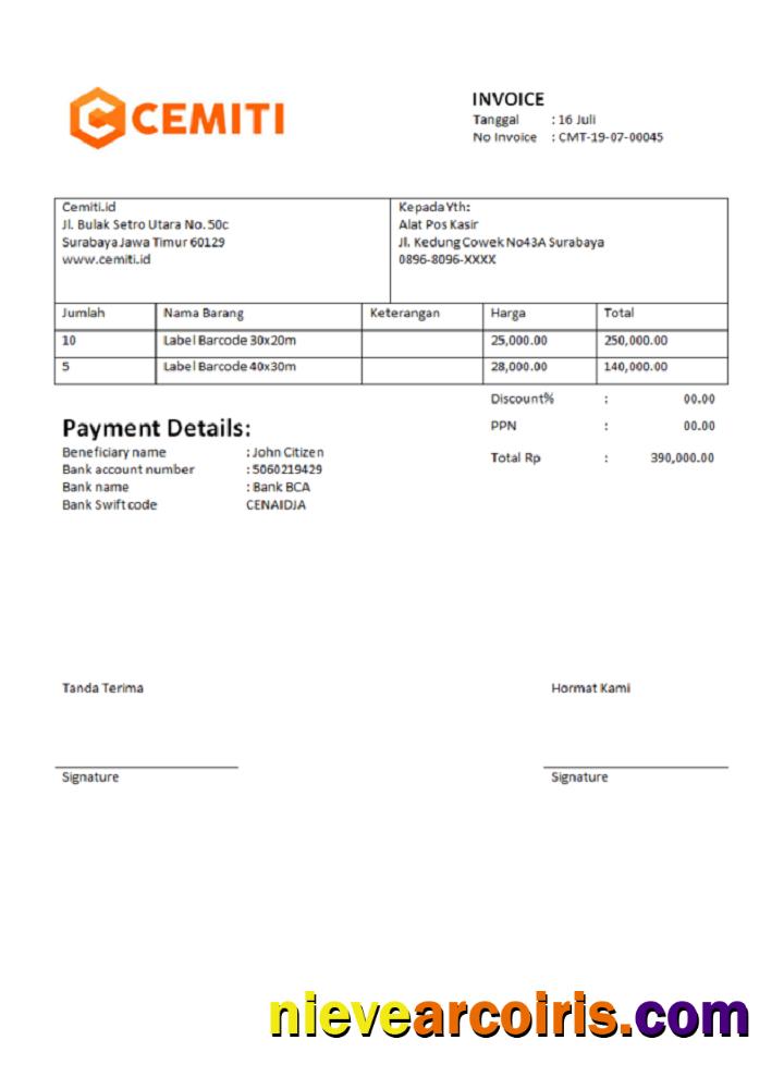 India Cemiti Sports Electronic Community Invoice Sample