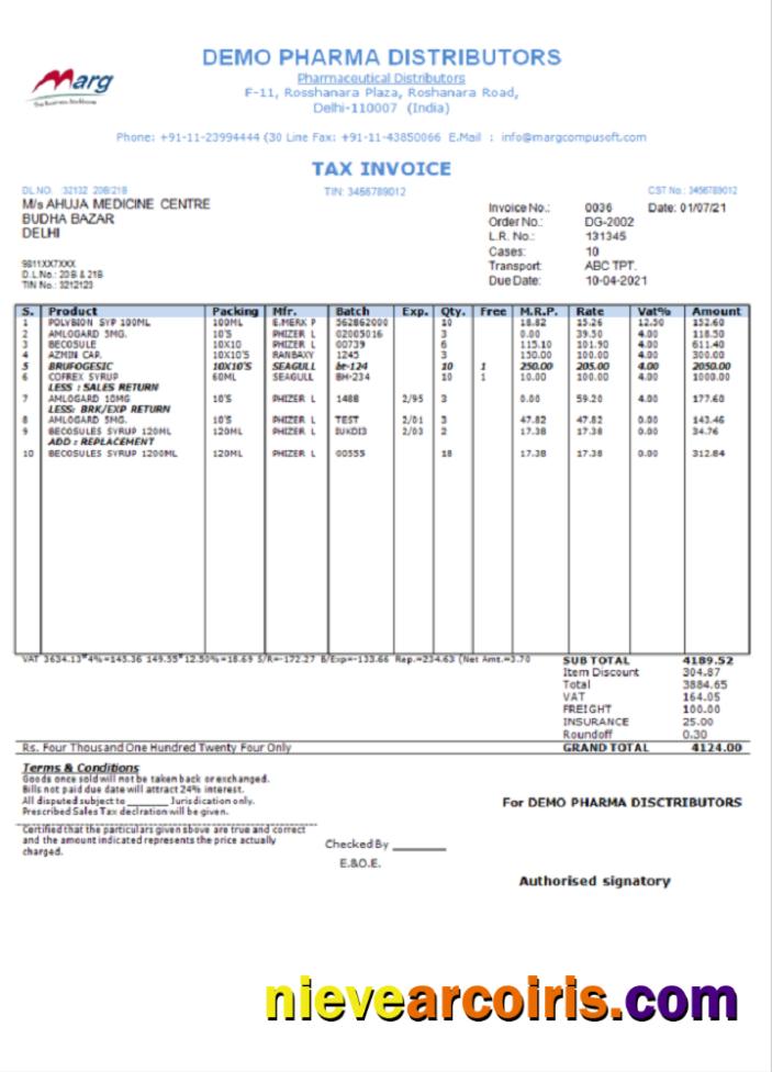 India Demo Pharma Distributor Medicine Consultancy Services Invoice Sample