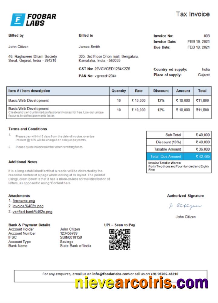 India Foobar Labs Information Technology Company Invoice 1 Sample