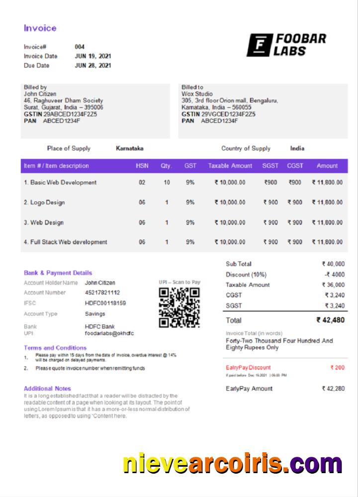 Premium India Foobar Labs Information Technology Company Invoice Template In Word And PDF Format, Fully Editable, Version 2