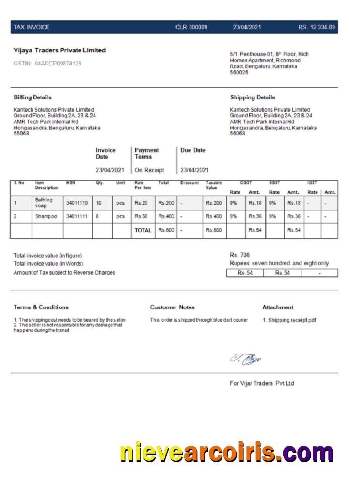 India Vijaya Traders Private Limited Company Invoice Photolook
