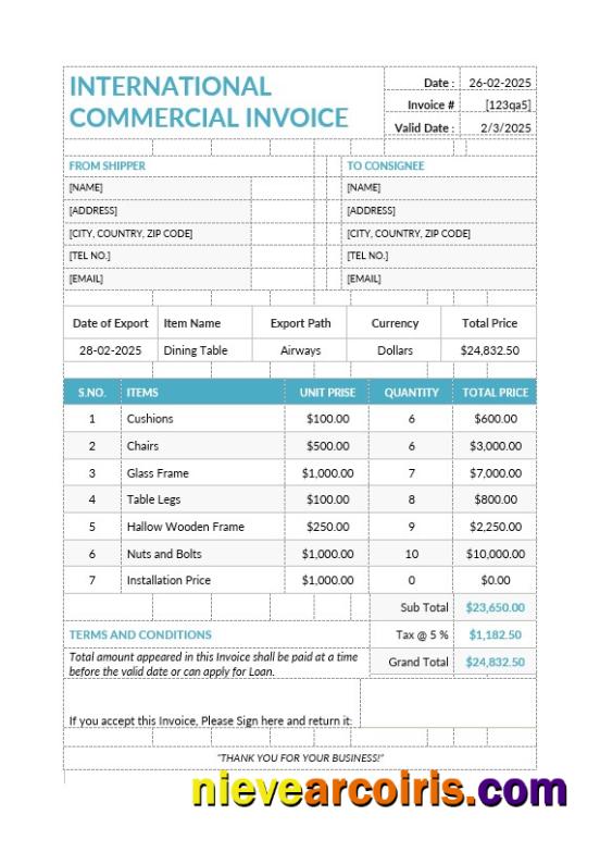 Realistic International Commercial Invoice Template