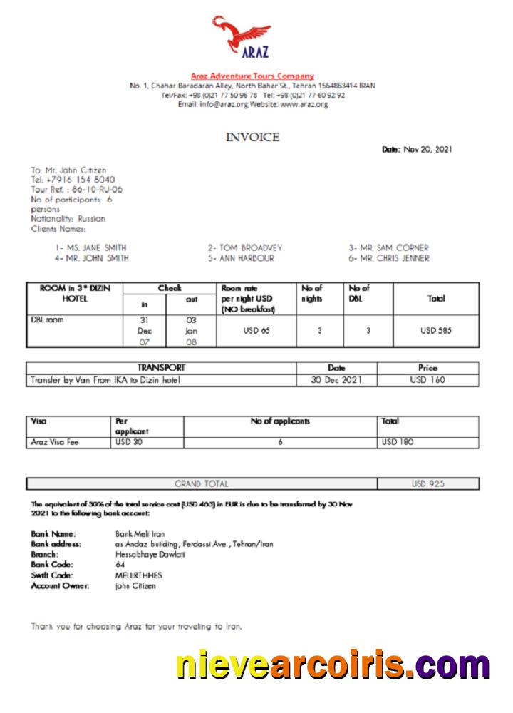 Iran Araz Tours Company Invoice Sample