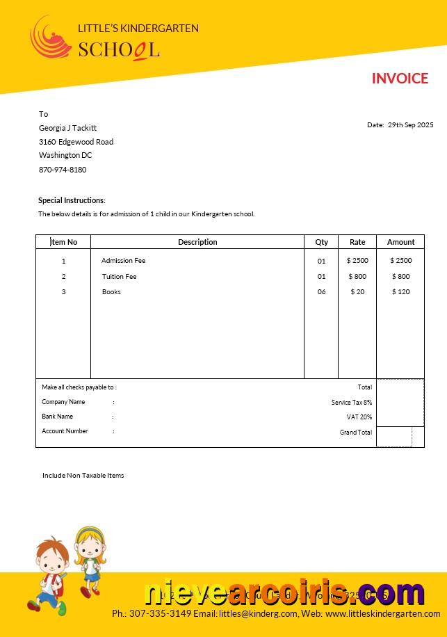 Editable Kindergarten School Invoice Template