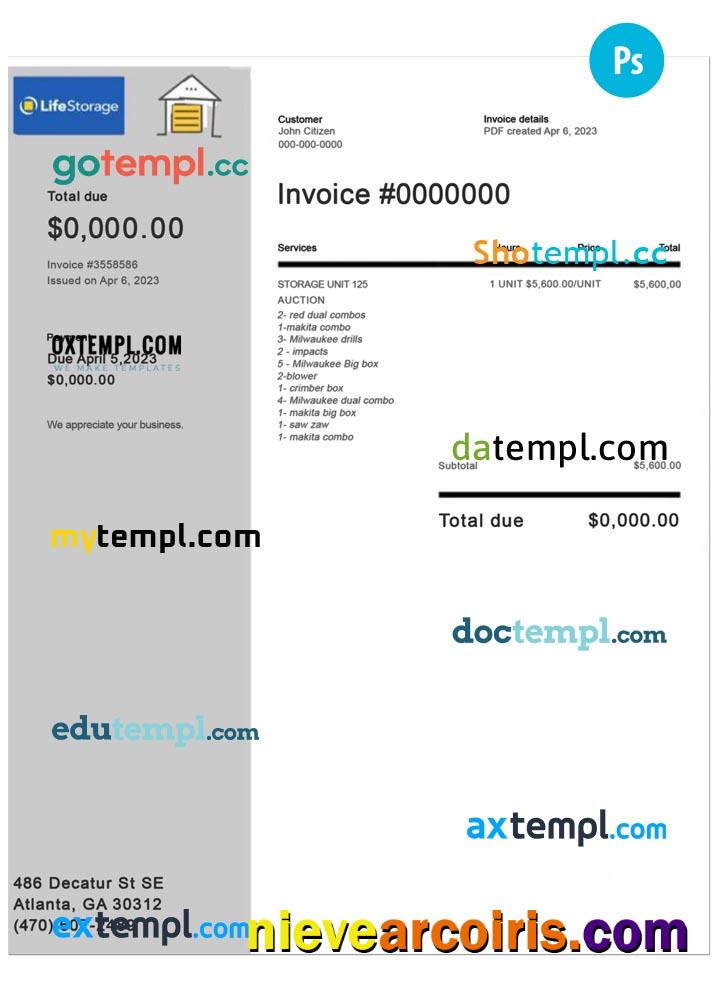 Life Storage Invoice Sample