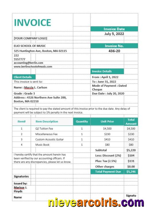 Editable Music School Invoice Template