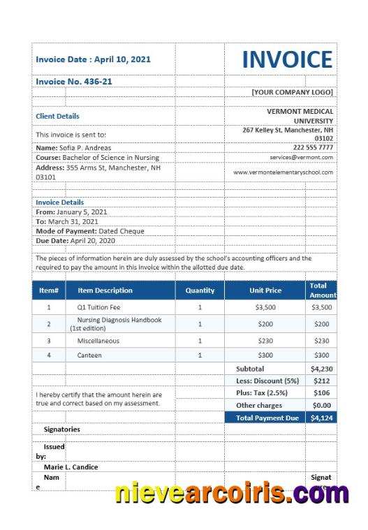 Premium Nursing School Invoice Template
