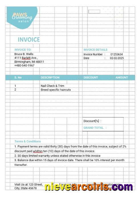 Professional Pet Grooming Invoice Template