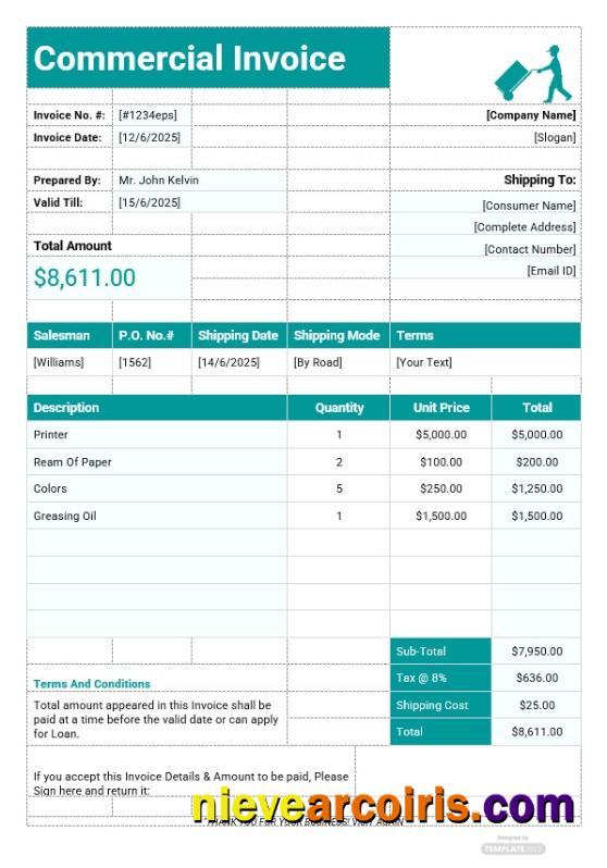 Professional Printable Commercial Invoice Template