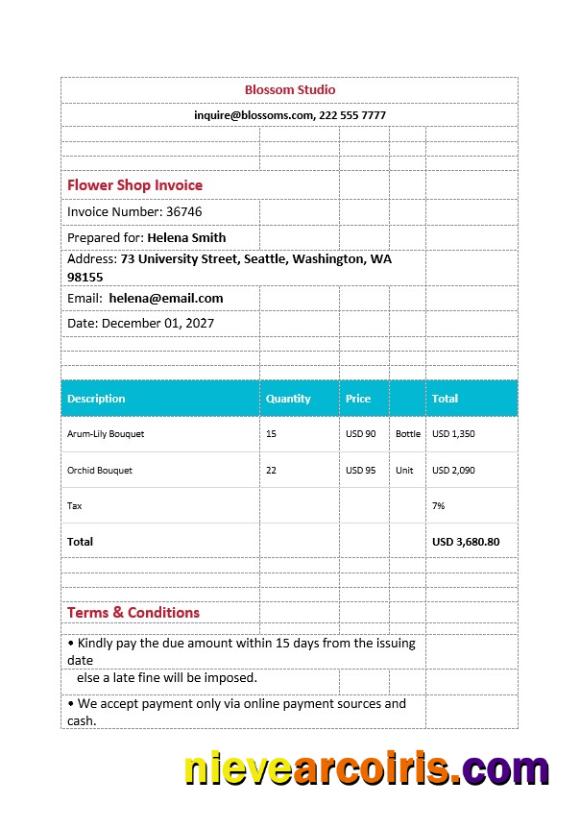 Professional Printable Flower Shop Invoice Template