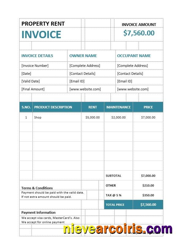 Realistic Property Rent Invoice Template