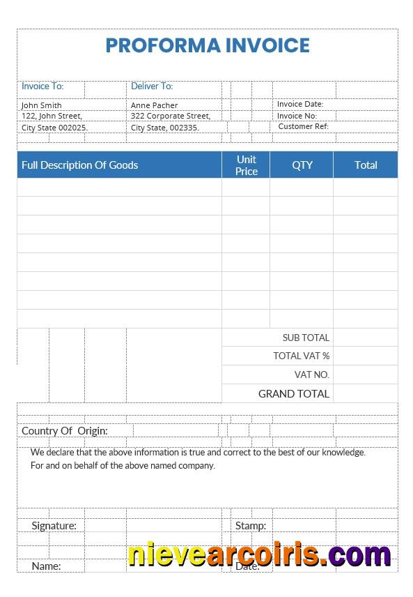 Professional Sample Proforma Invoice Template