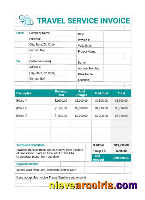 Realistic Sample Travel Service Invoice Template