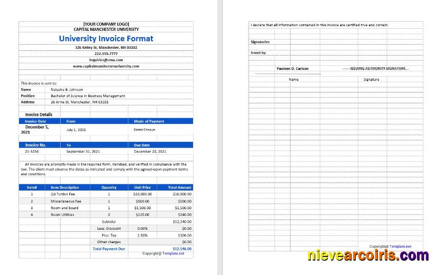 Premium Sample University Invoice Template