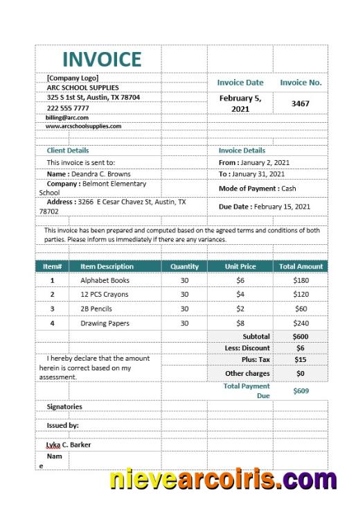 Professional School Supply Order Invoice Template
