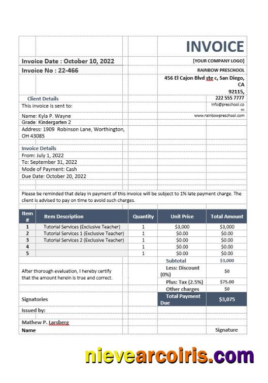 Premium School Teacher Invoice Template