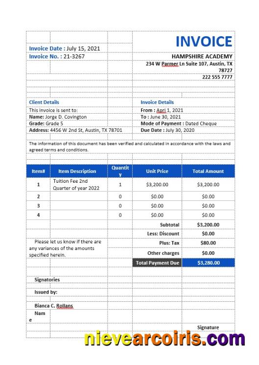 Premium School Tuition Invoice Template