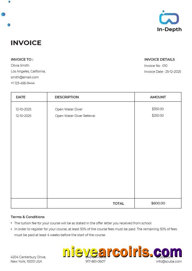 Professional Scuba Diving School Invoice Template