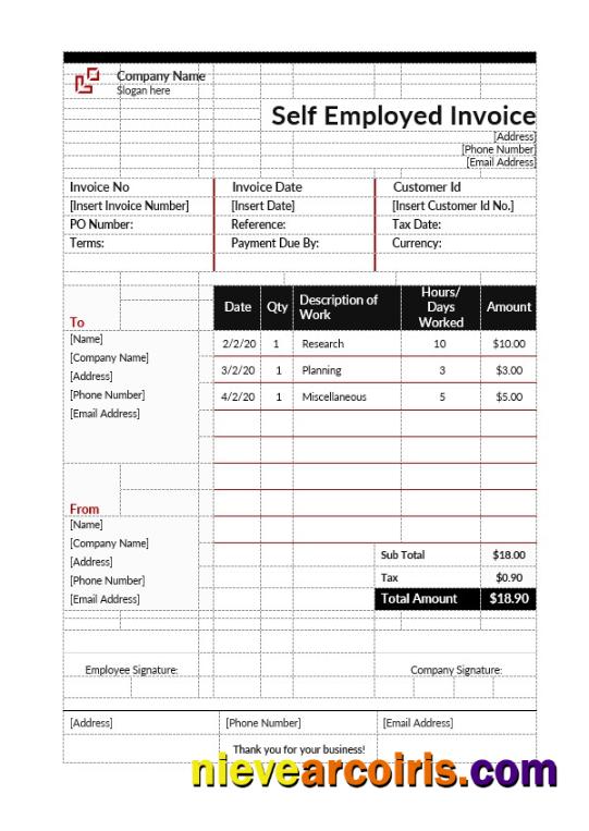 Professional Self Employment Hourly Invoice Template