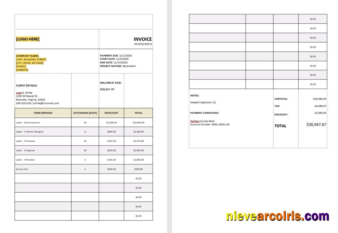 Professional Service Tax Calculation Invoice Template