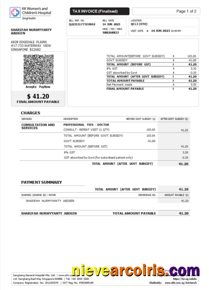Professional Singapore KK Hospital Tax Invoice Word And PDF Template
