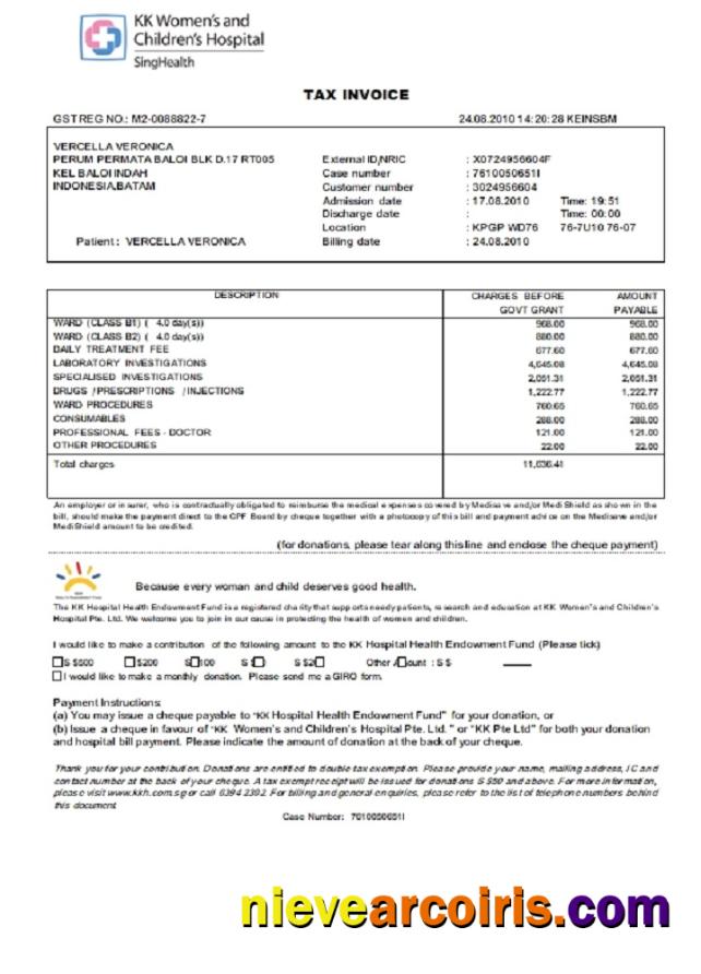 Singapore KK Women’s And Children’s Hospital Tax Invoice Template