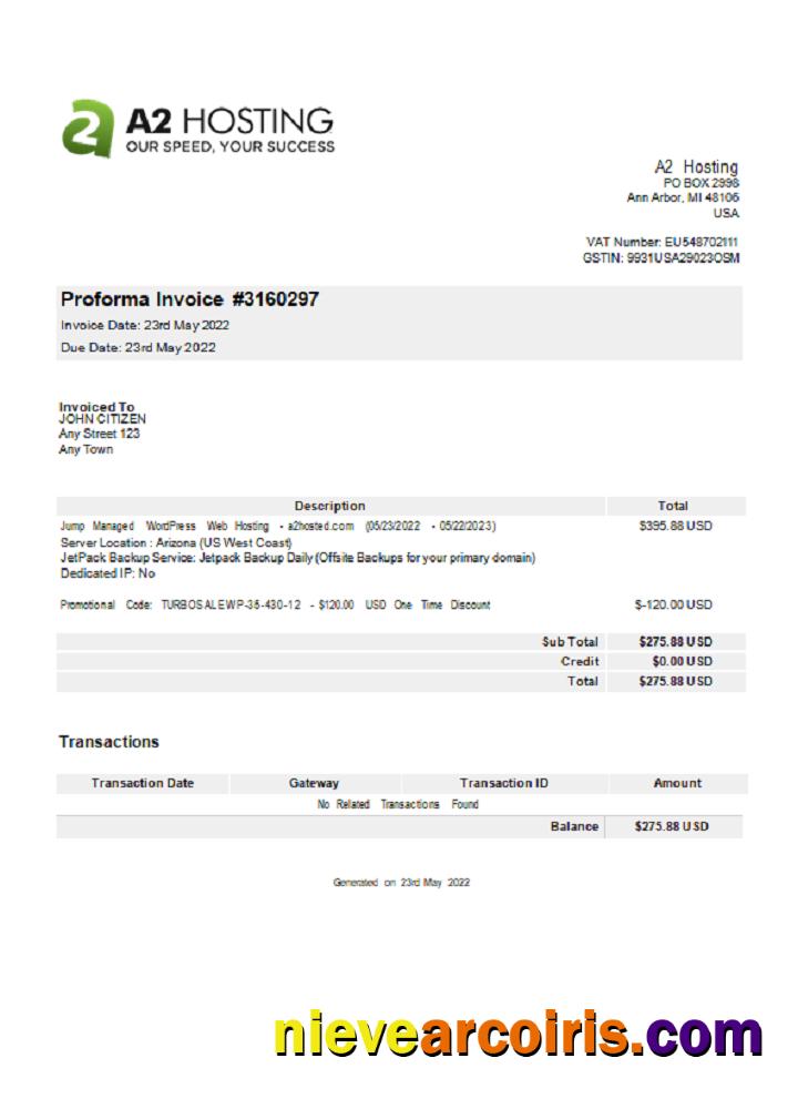 USA A2 Hosting Invoice Photolook