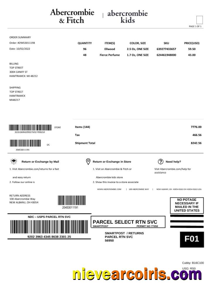 Premium USA Abercrombie & Fitch Invoice Template In Word And PDF Format, Fully Editable