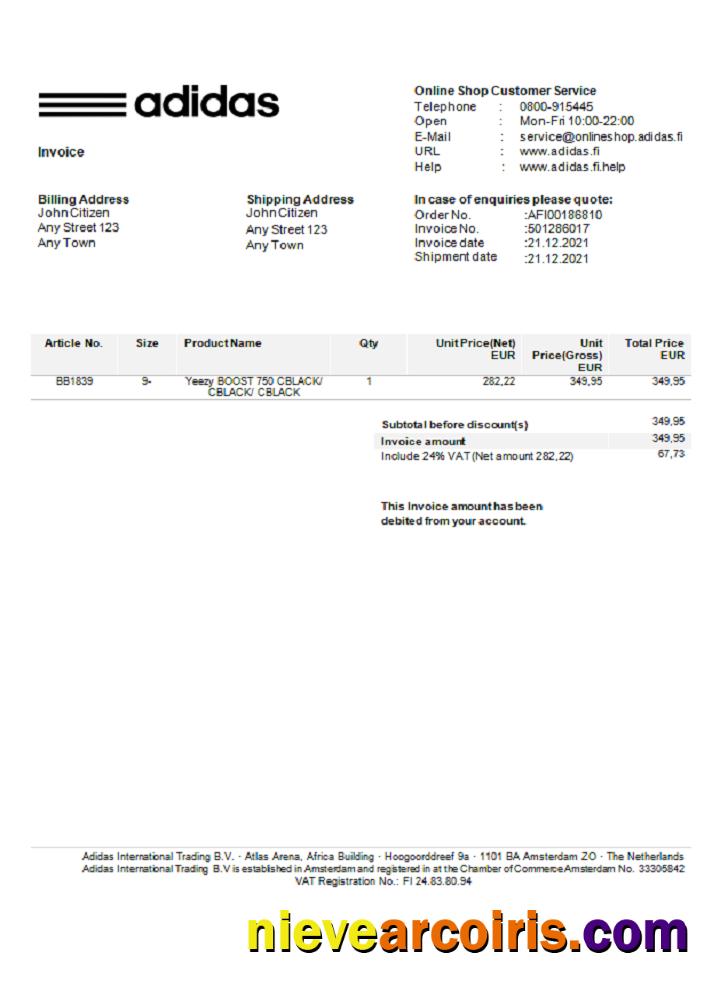 USA Adidas Invoice Sample