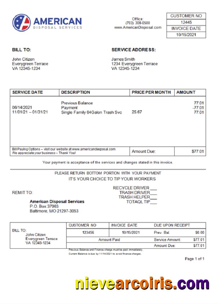 USA American Disposal Invoice Sample