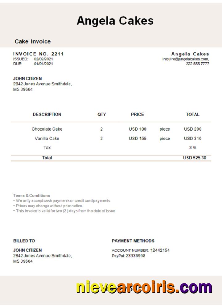 USA Angela Cakes Invoice Sample