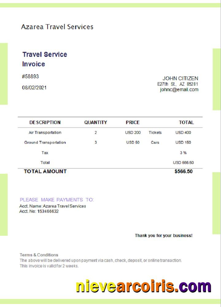 USA Azarea Travel Services Invoice Template