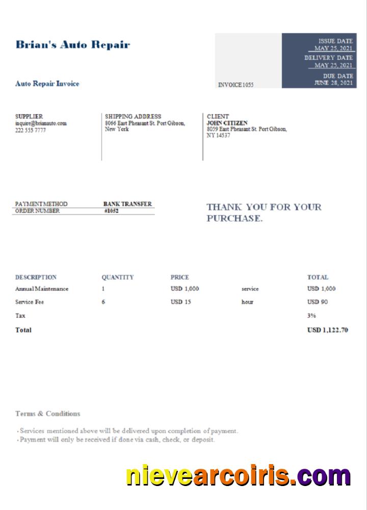 USA Brian's Auto Repair Invoice Sample