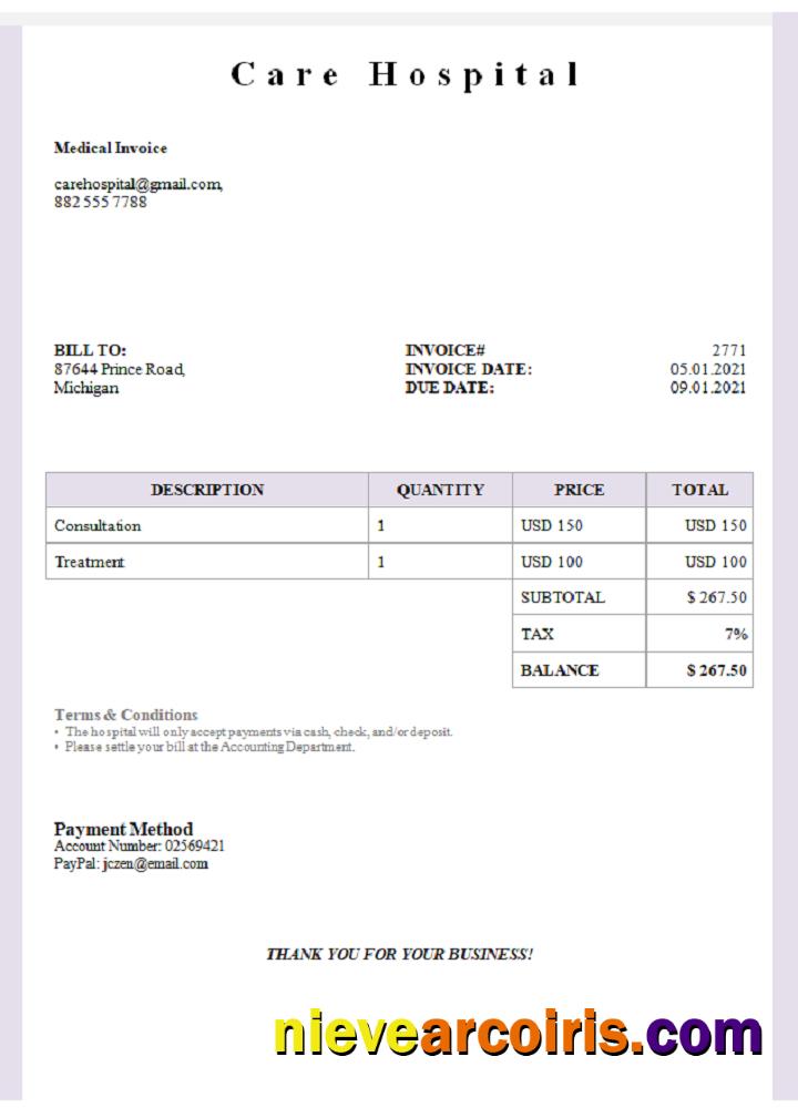 USA Care Hospital Invoice Template