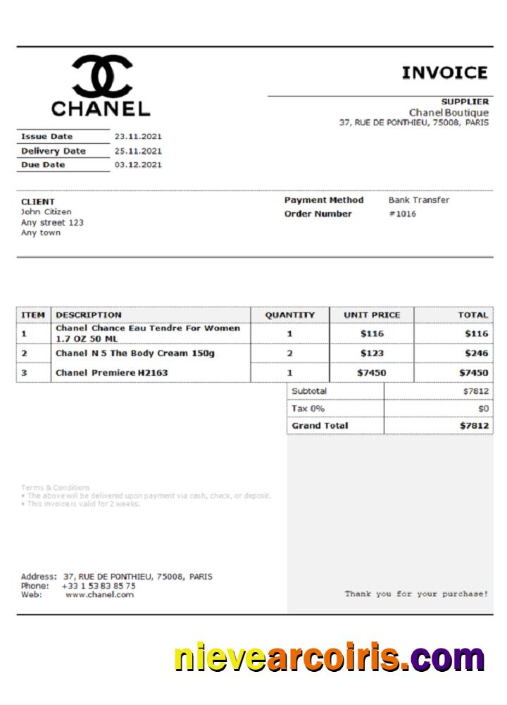 USA Chanel Invoice Template