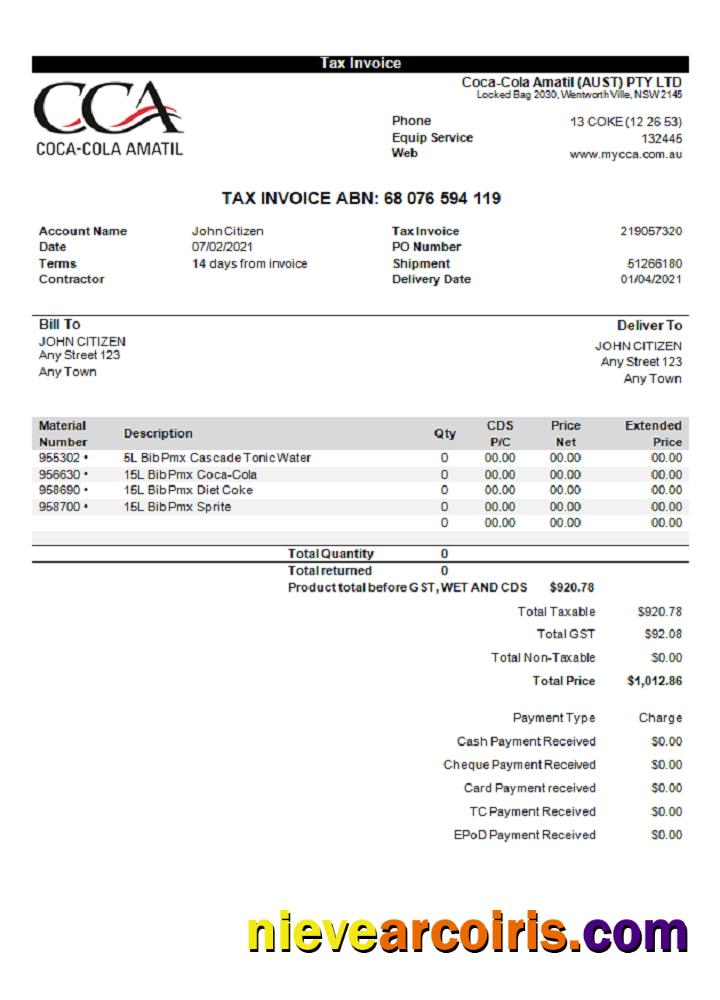 USA Coca Cola Invoice Sample