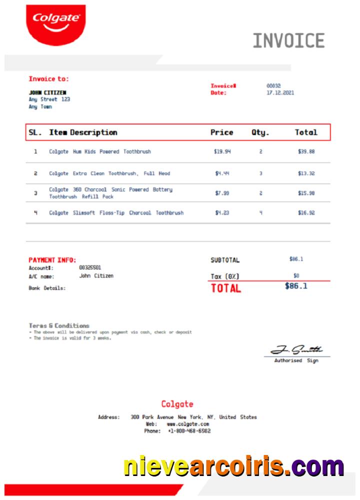 Professional USA Colgate Invoice Template In Word