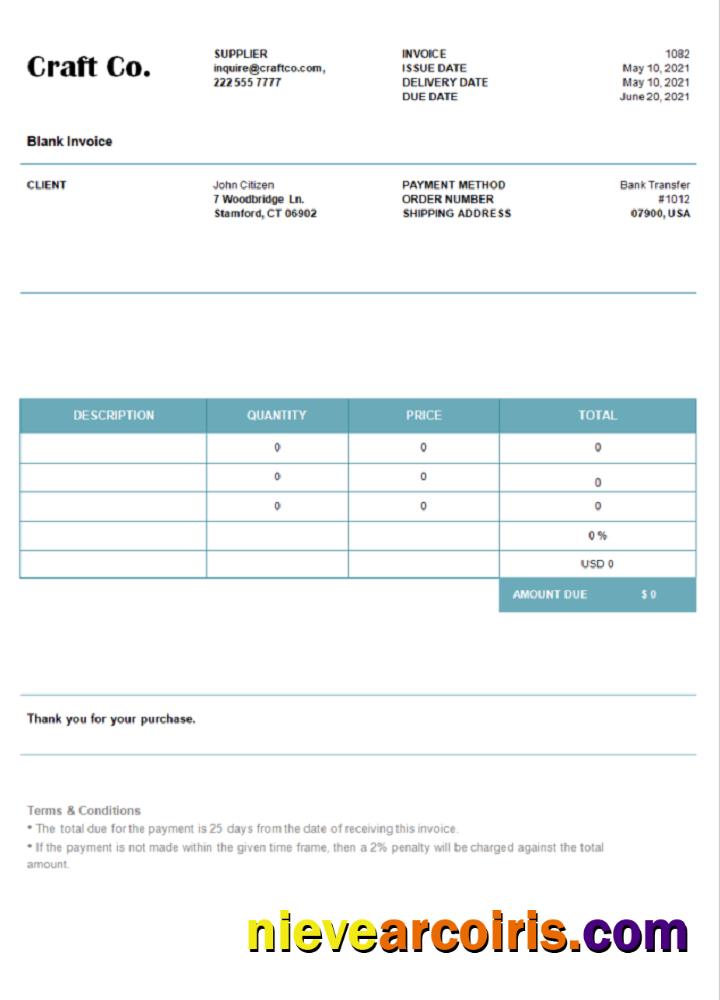 USA Craft Co. Invoice Sample
