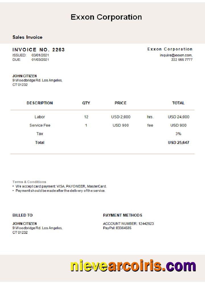 USA Exxon Corporation Invoice Sample