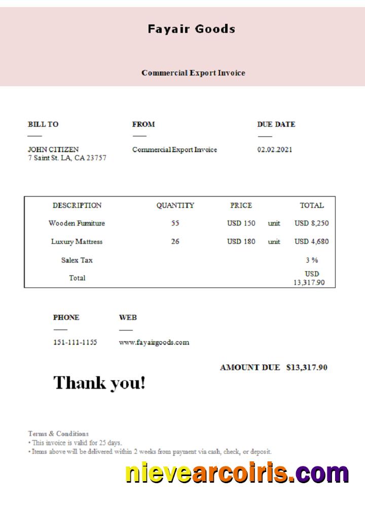 USA Fayair Goods Invoice Template