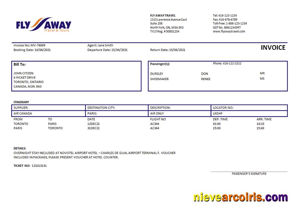 USA Fly Away Travel Agency Invoice Template