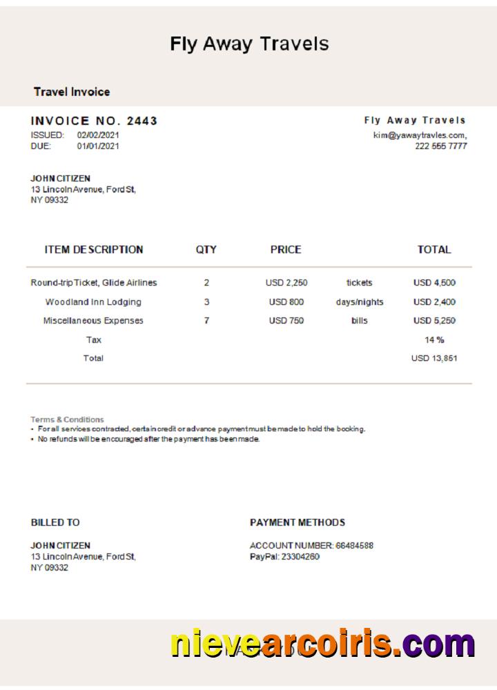USA Fly Away Travels Invoice Sample