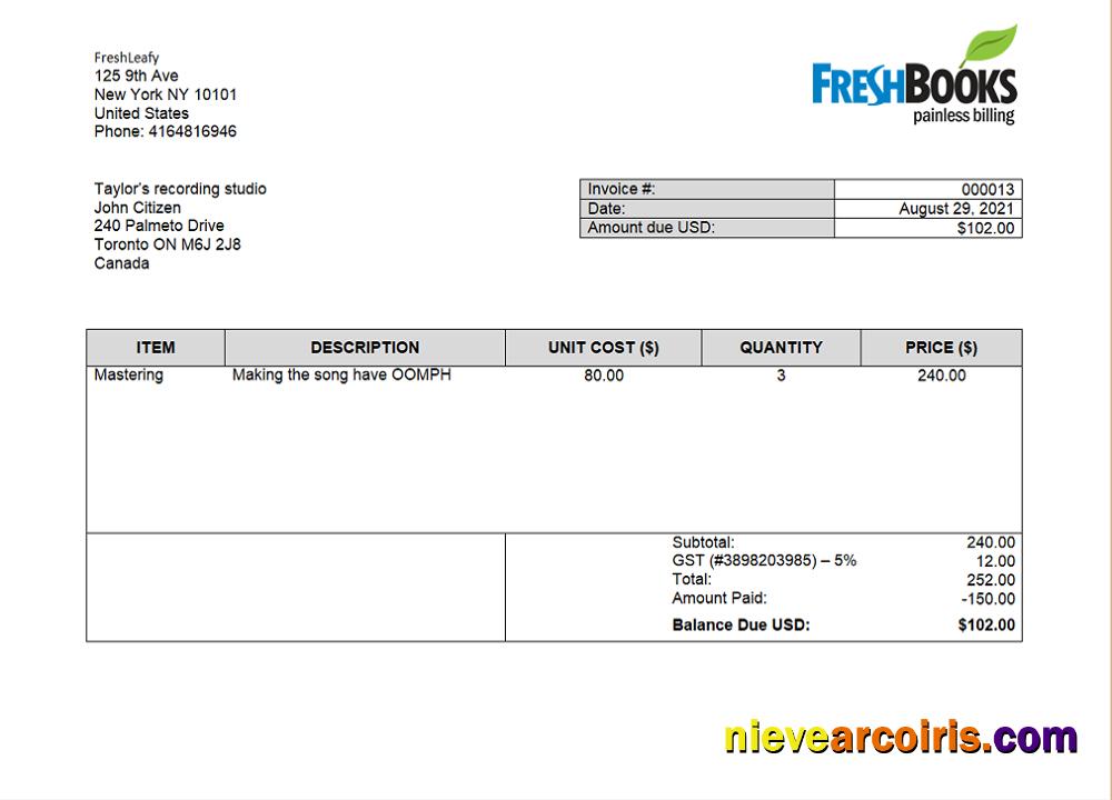USA FreshBooks Company Invoice Sample