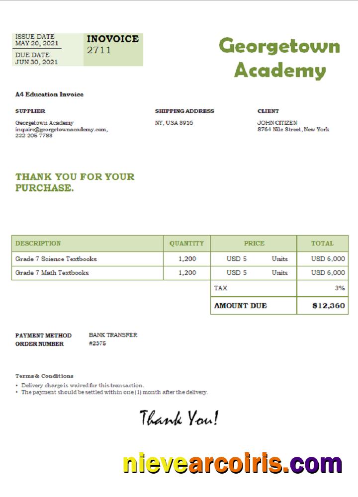 USA Georgetown Academy Invoice Sample